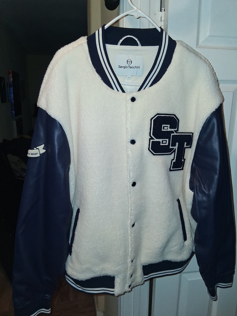 Sergio Tacchini Cream Sherpa Varsity Jacket with Navy Sleeves